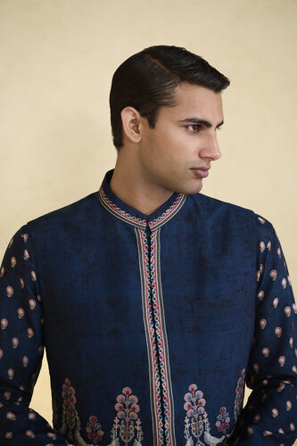 Azraq Printed Silk Nehru Jacket - Indigo, Indigo, image 5